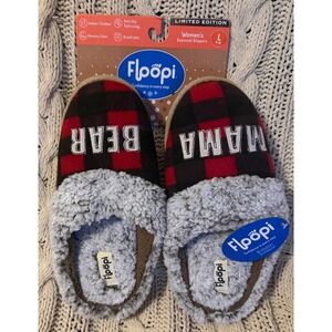 Floopi Womens Mama Bear Buffalo Plaid Slippers Red Black Memory Foam Size L 9-10